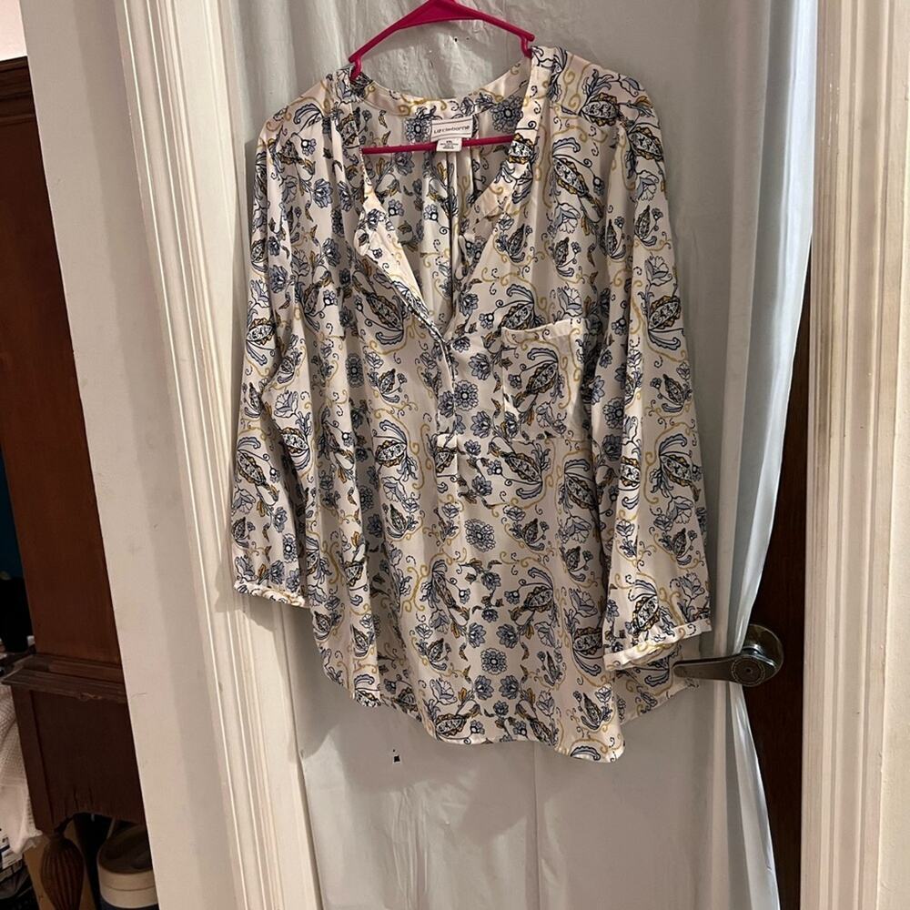 Liz Claiborne blue white floral paisley satin peasant top size xxl